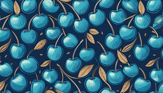 blue cherry print summer fruit seamless pattern bold graphic fun fruit motif