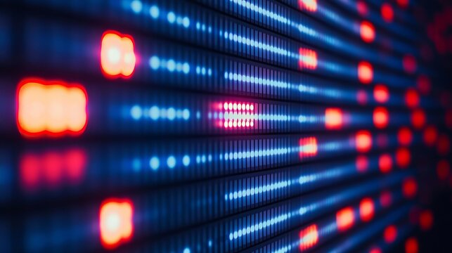 Abstract Digital Background with Dynamic Glowing Blue and Orange LED Pixelated Light Grid Pattern