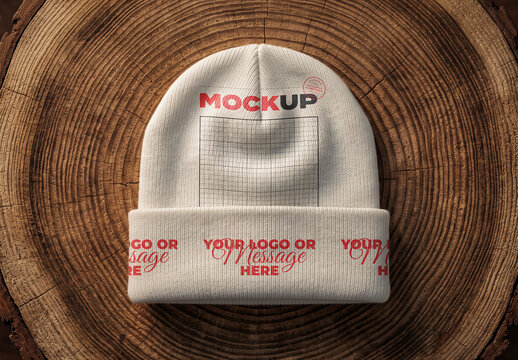 Knitted Beanie Design Mockup on Wood Circular Surface