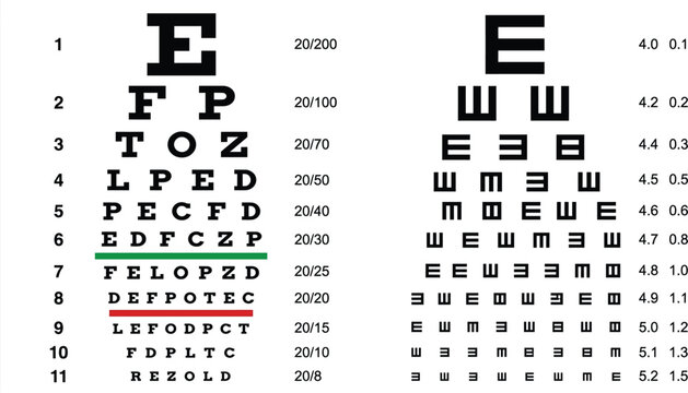 Snellen eye chart with black letters in decreasing sizes for vision testing on white background