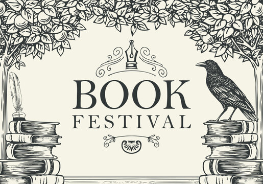 Vintage Book Festival Poster with Raven, Old Book and Quill for Literary Event, Library and Publishing Design