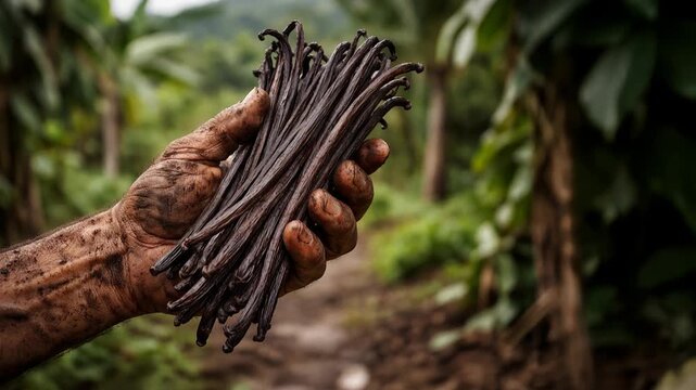 Farmer's Hand Holding a Large Bundle of Cured Vanilla Beans: A close-up of a hand, soiled with earth and vanilla oils, presenting a fresh harvest of aromatic vanilla pods in an organic plantation sett