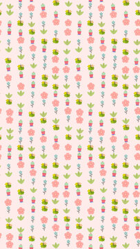 Seamless pattern of potted plants, cacti, and flowers