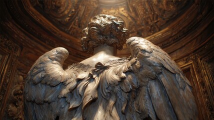 Fototapeta premium Spirituality and divine grace marble angel statue with wings in a historic cathedral interior with warm golden light and ornate architectural details
