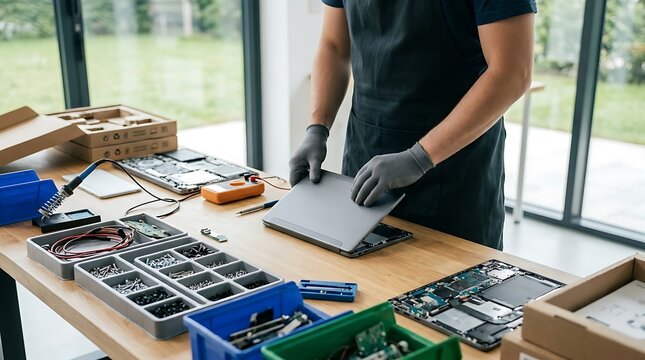 Person repairing laptop with various electronic components on workspace.