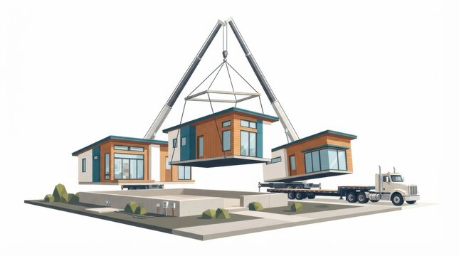 Two modular homes are lifted by a crane at a construction site in a factory. A truck is present for transportation to a new location.