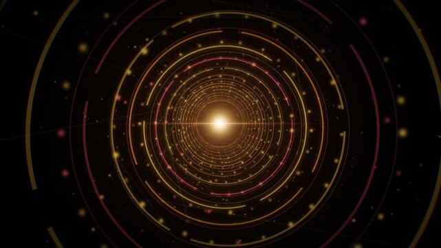 Abstract gold and red glowing circular digital tunnel motion graphics