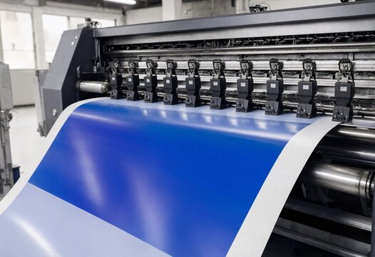 Large format printer applies blue ink onto vinyl roll material, showcasing industrial digital printing technology for commercial signage, advertising graphics, banners, and branding production.