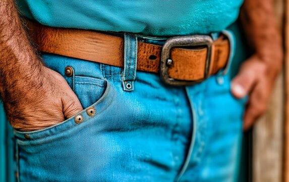 A man's hands rest in his front pockets, showcasing his worn denim jeans and leather belt