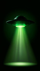 Fototapeta premium A retrograde UFO casting a green beam onto a dark background