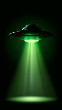 A retrograde UFO casting a green beam onto a dark background