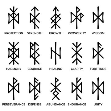 Modern bind runes symbols representing positive life concepts in minimalist black and white design