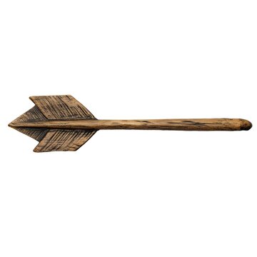 A rustic wooden arrow, appearing hand-carved, is displayed against a white background