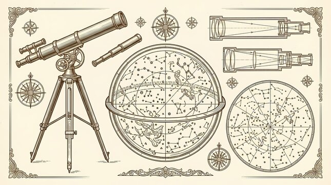 Vintage Astronomical Equipment Including A Traditional Brass Telescope And Detailed Celestial Star Charts Designed To Represent Historic Scientific Discovery Methods Used By Ancient Explorer