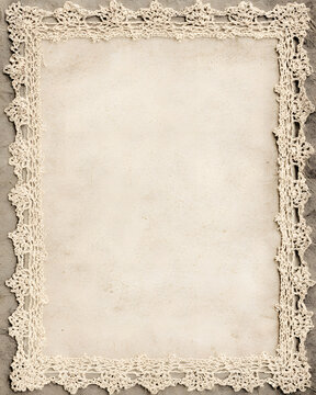 Beige framed paper from an era with intricate crocheted lace border