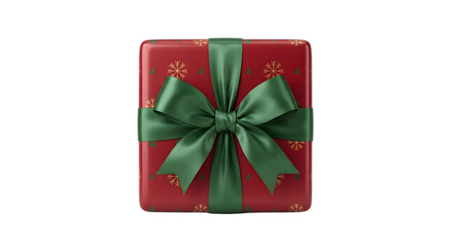 Christmas gift box wrapped in red patterned paper tied with a glossy green satin ribbon bow isolated against a clean white background