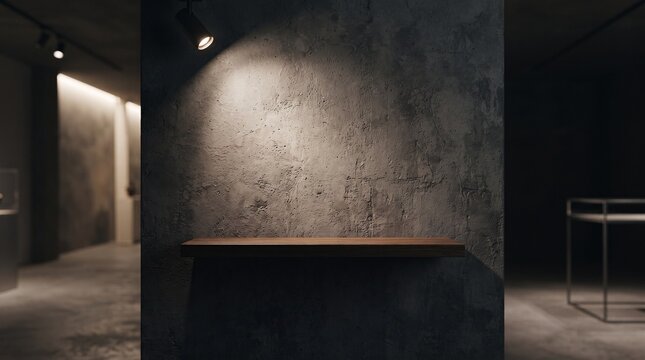 Empty dark concrete wall with a spotlight and wooden shelf, minimalist product display background