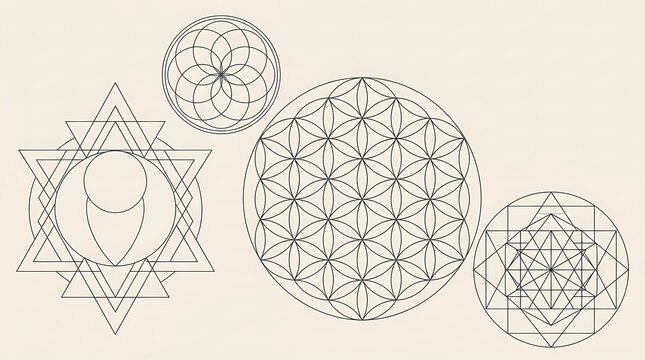 Sacred geometry patterns featuring ancient mathematical symbols and interlocking circles reflecting cosmic order for spiritual study and artistic design projects requiring balanced symmetrical