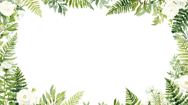 The frame consists of watercolor greenery with fern leaves and white flowers, set against a white background and bordered by botanical illustrations