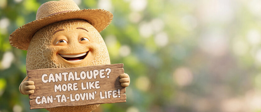 A cheerful, anthropomorphic cantaloupe wearing a straw hat, holding a wooden sign with a pun about loving life