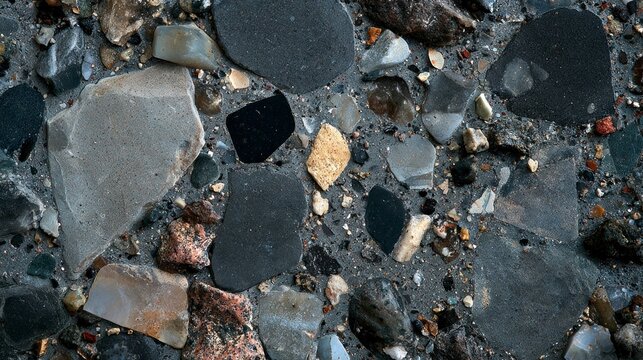 Textured surface of aggregate concrete with various embedded colorful stones and pebbles