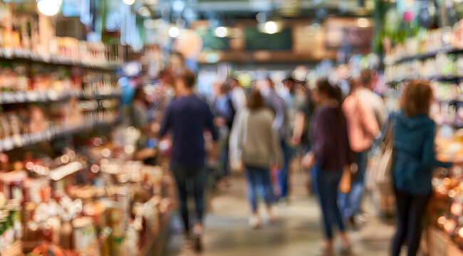 Individuals traverse grocery store aisles, shelves brimming with items. The bustling retail interior, softened by a gentle focus, fosters a lively market atmosphere. Purchasing food and engaging in co
