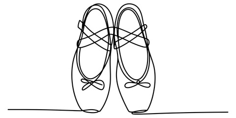 Continuous line drawing of two ballet slippers with ribbons tied together for dance performance art and classical ballet. © Ponchomy