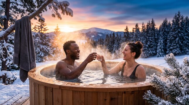 Hot tub with steam in winter, Young couple relaxing in outdoor hot tub surrounded by snowy forest at sunset  