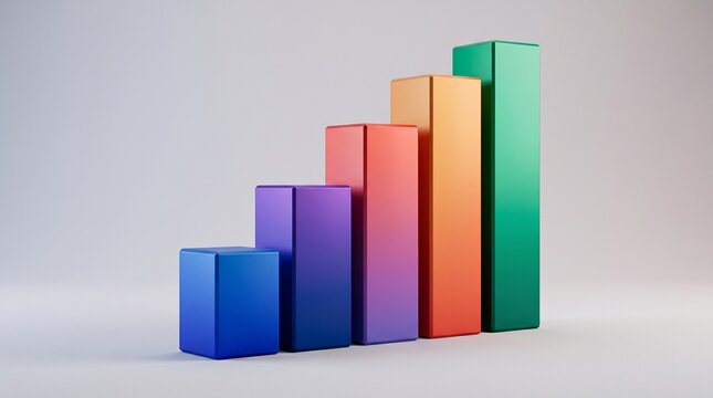 Colorful 3D bar chart showing financial growth, metallic gradient columns representing business success, vibrant data visualization for corporate reports