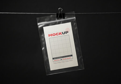 Transparent Packaging Pouch Hanging from Rope with Card Mockup