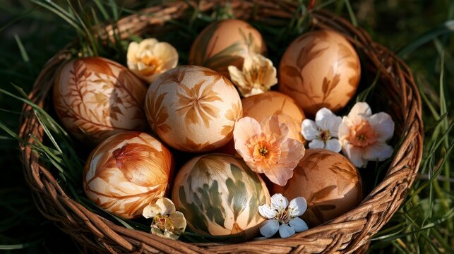 Wicker Basket Filled with Naturally Dyed Easter Eggs Decorated with Botanical Leaf Imprints and Spring Flowers on Green Grass
