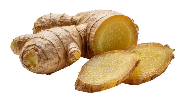 Whole and sliced fresh ginger root with fibrous texture, isolated on transparent background