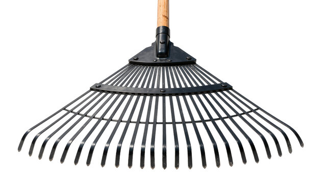 Black metal leaf rake with wooden handle, isolated on transparent background