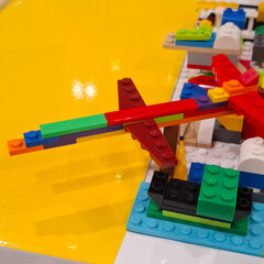 Obraz premium Airplane model structure built from plastic interlocking brick toys on display on September 22, 2026 in Bangkok, Thailand 