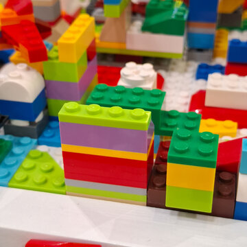 Colorful plastic construction toy Lego bricks stacked together creating creative structures for children education and imaginative play on September 22, 2026 in Bangkok, Thailand 