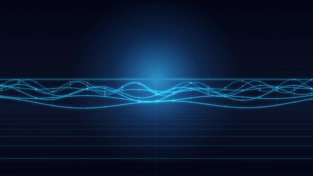 Luminous blue waveforms and grid lines symbolizing audio signals or data visualization on a dark digital interface