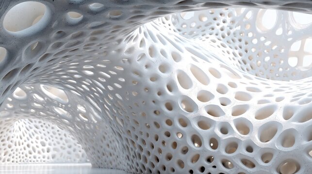 White perforated organic 3D structure with flowing porous surface. Abstract biomorphic architecture interior. Parametric design and futuristic material concept. Science and innovation