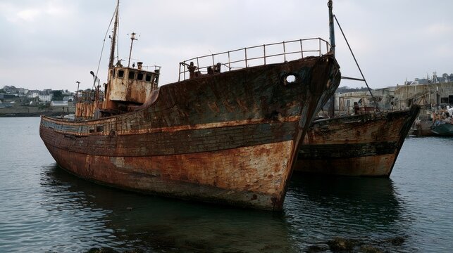 Old rusty abandoned fishing boats in the ship graveyard of Camaret-sur-Mer, Brittany, France
