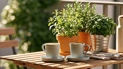 Obraz premium Balcony bliss with coffee and plants