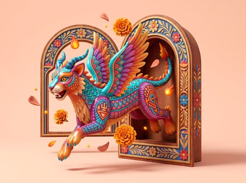 Dia de Muertos Alebrije Mythical Creature Leaping from Folk Art Shrine 3D Render