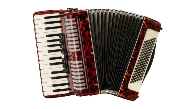 Red tortoiseshell accordion with white keys and black buttons, isolated on transparent background