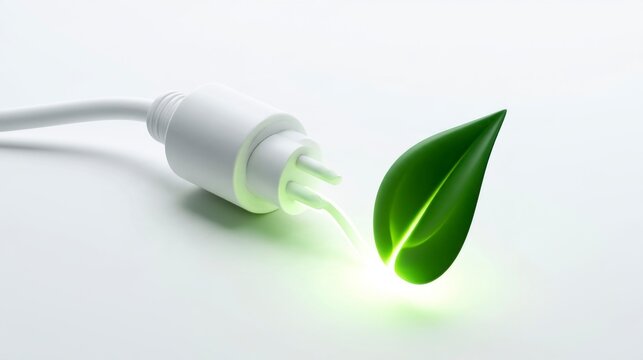 Renewable energy concept with white power plug connected to a glowing green leaf on white background