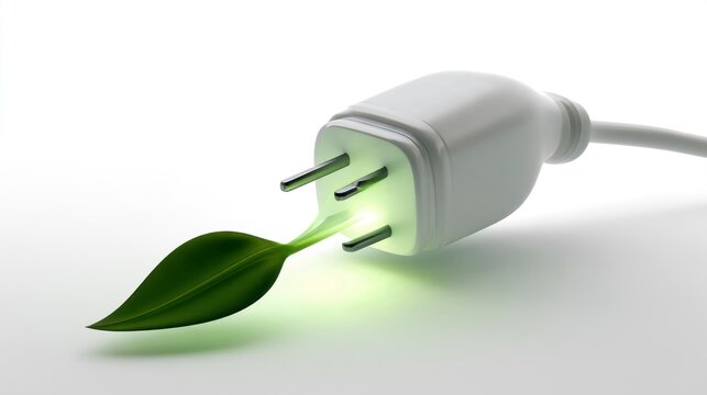 Sustainable Green Energy Concept with a Leaf Growing from an Electrical Power Plug