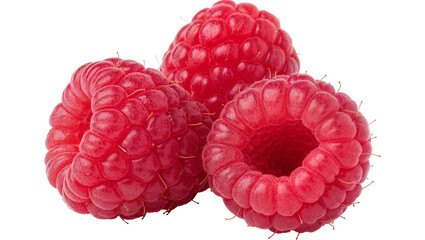 Three ripe red raspberries detailed texture, isolated on transparent background © ProStock