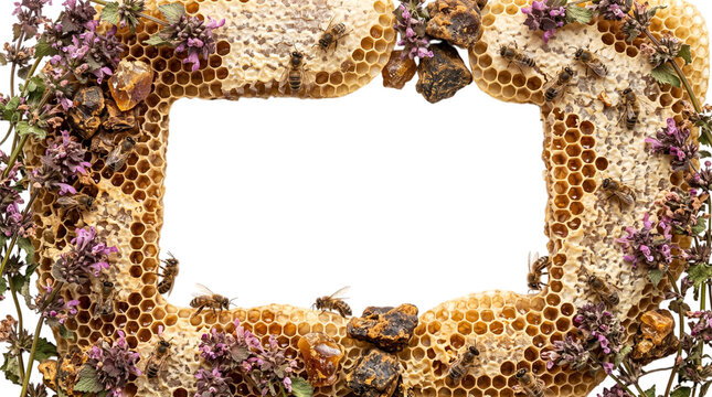 Frame of honeycomb with bee and flower on white background
