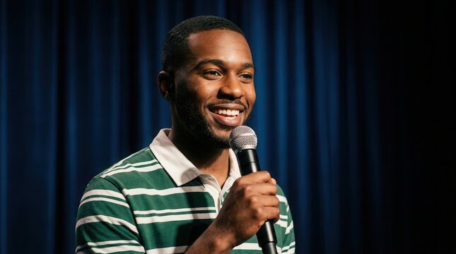 A young African American male student performing on a theater stage while holding a microphone.