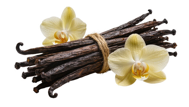 Bundle of dark vanilla beans tied with twine with two yellow orchid flowers, isolated on transparent background