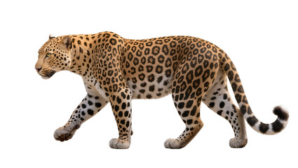 Spotted leopard walking gracefully, isolated on transparent background © ProStock