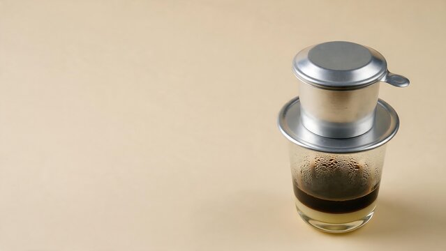 Traditional Vietnamese drip coffee maker phin on glass with condensed milk on beige background with copy space