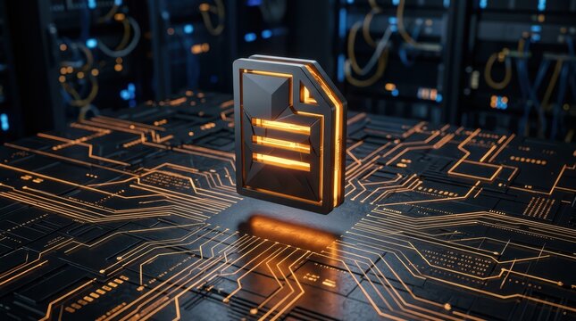 Abstract data file icon glowing brightly on a high tech futuristic computer circuit board background representing digital storage and information